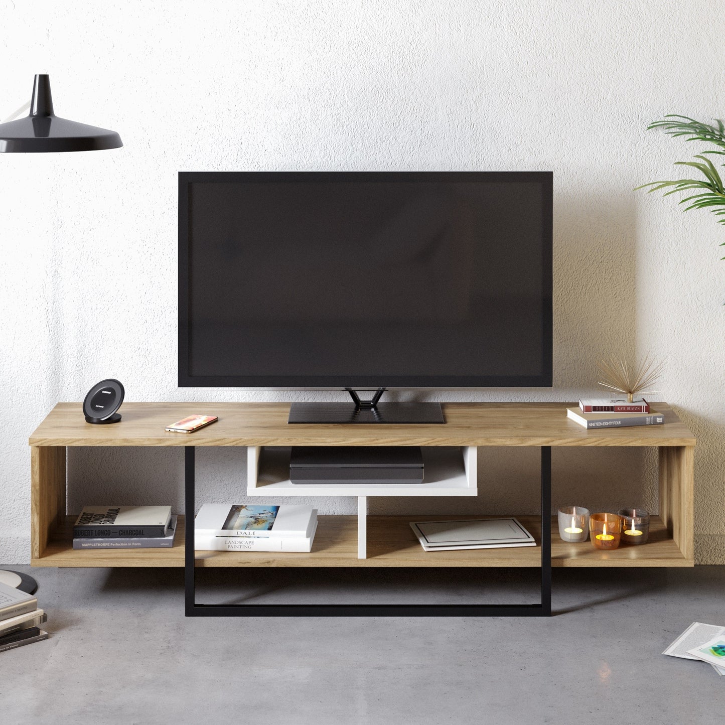 Έπιπλο Τηλεόρασης TV Βάση Σύνθεση Λευκό Μαύρο Δρυς | 875ZNA3052