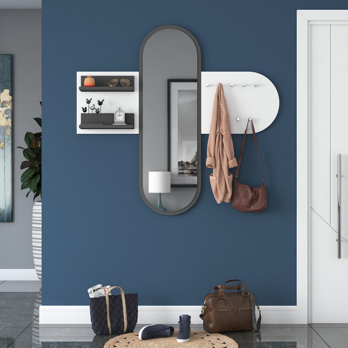 Επιτοίχιο Έπιπλο Εισόδου Κρεμάστρα Ρούχων Καλόγερος με Καθρέφτη και Ράφια Λευκό 893RAN4925