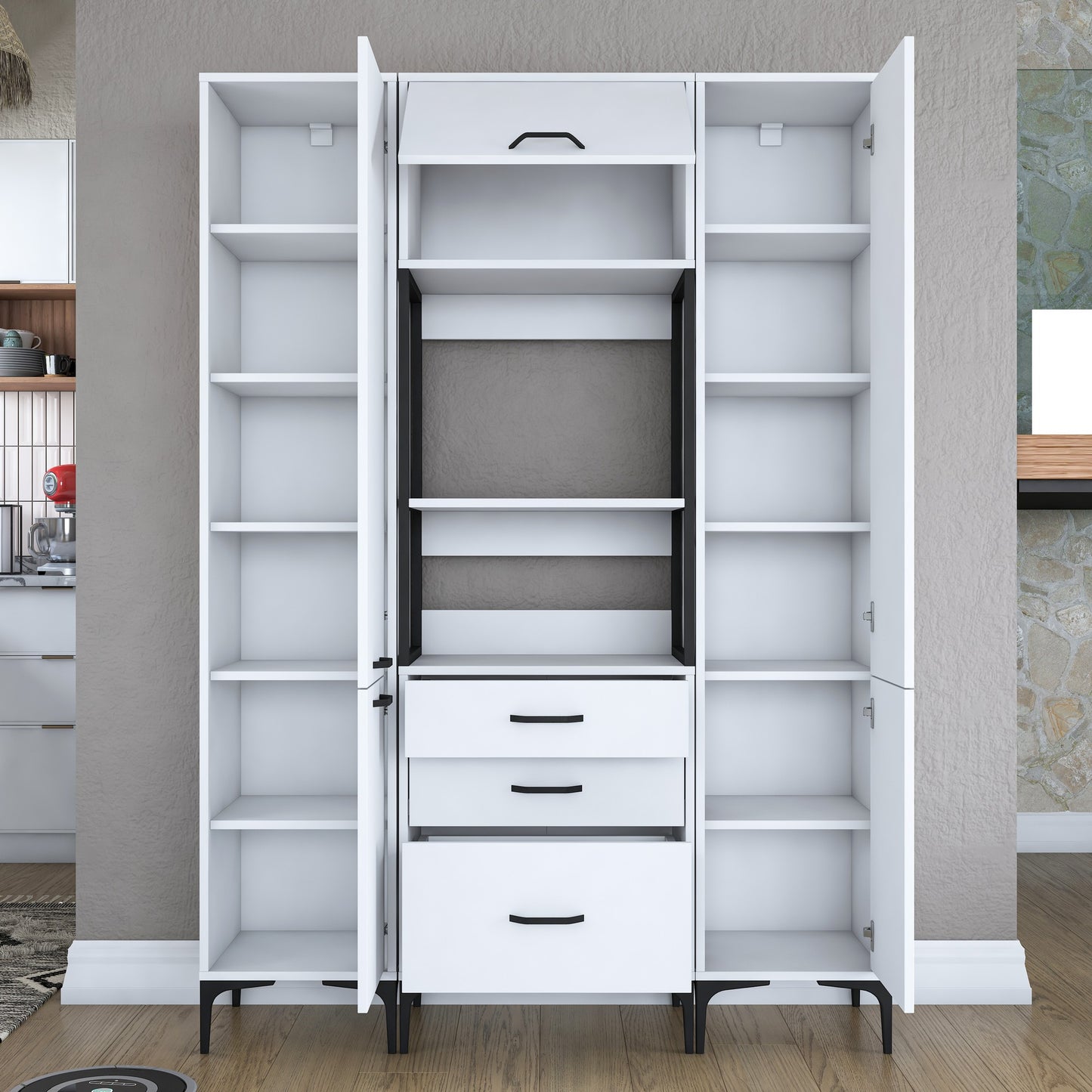 Βοηθητικό Ντουλάπι Κουζίνας με Ράφια 140x40x198,6 εκ. – Πολυλειτουργικό Λευκό Ντουλάπι Αποθήκευσης Ράφι Κουζίνας 893RAN4949