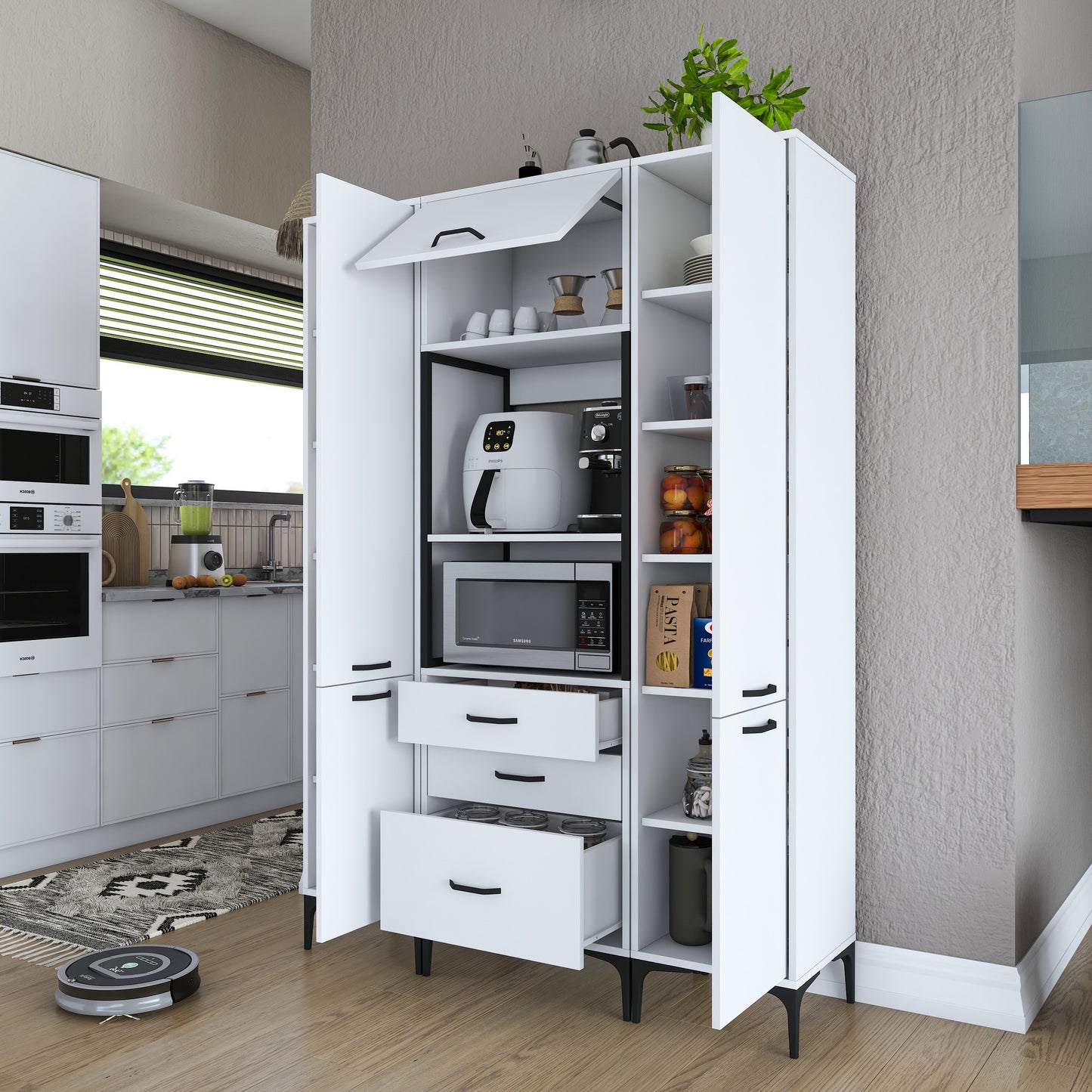 Βοηθητικό Ντουλάπι Κουζίνας με Ράφια 140x40x198,6 εκ. – Πολυλειτουργικό Λευκό Ντουλάπι Αποθήκευσης Ράφι Κουζίνας 893RAN4949