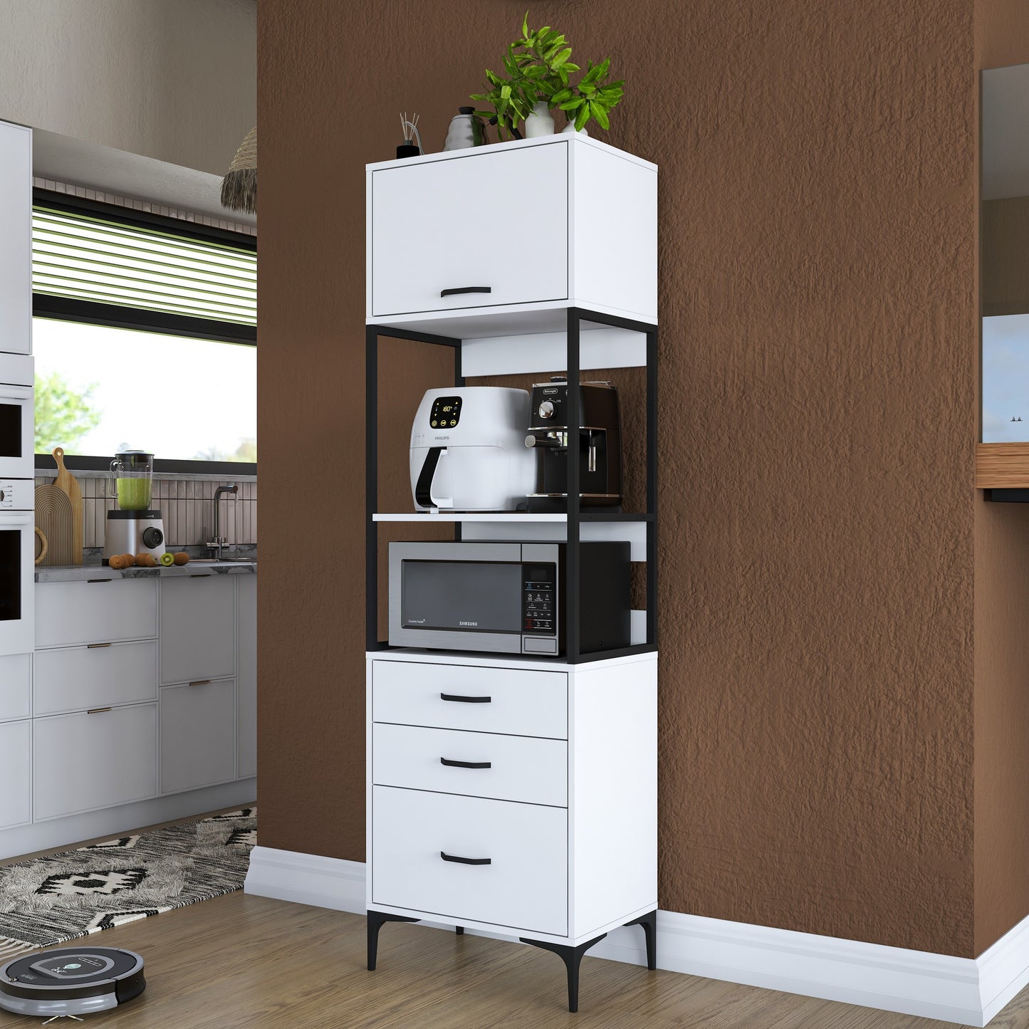 Βοηθητικό Ντουλάπι Κουζίνας με Ράφια 60x40x198,6 εκ. – Ψηλή Λευκή Ντουλάπα Αποθήκευσης Ράφι Κουζίνας 893RAN4952