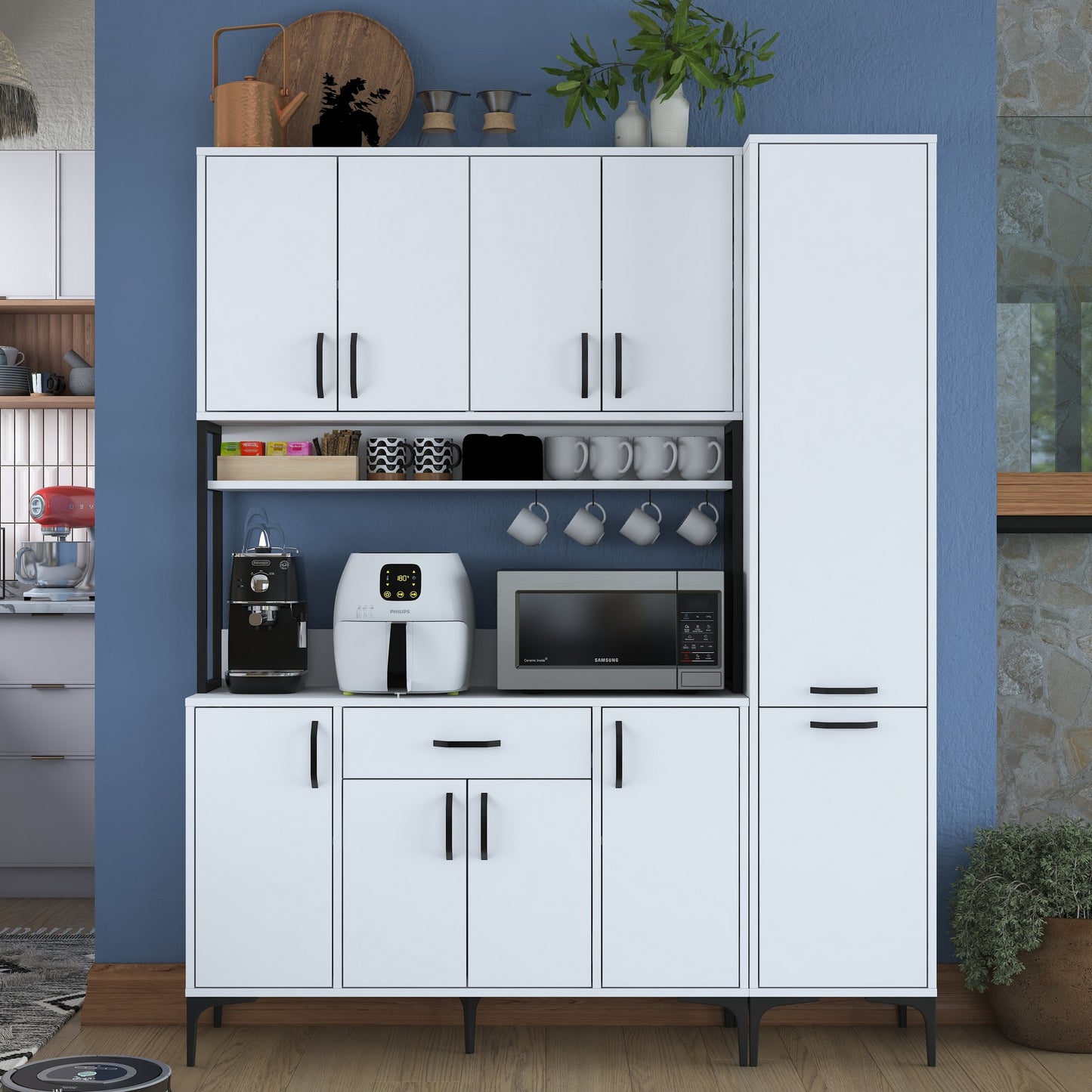 Βοηθητικό Ντουλάπι Κουζίνας Λευκό 160x40x198,6 εκ. με Ράφια – Ψηλή Ντουλάπα Αποθήκευσης Πολλαπλών Χρήσεων Ράφι Κουζίνας 893RAN5450