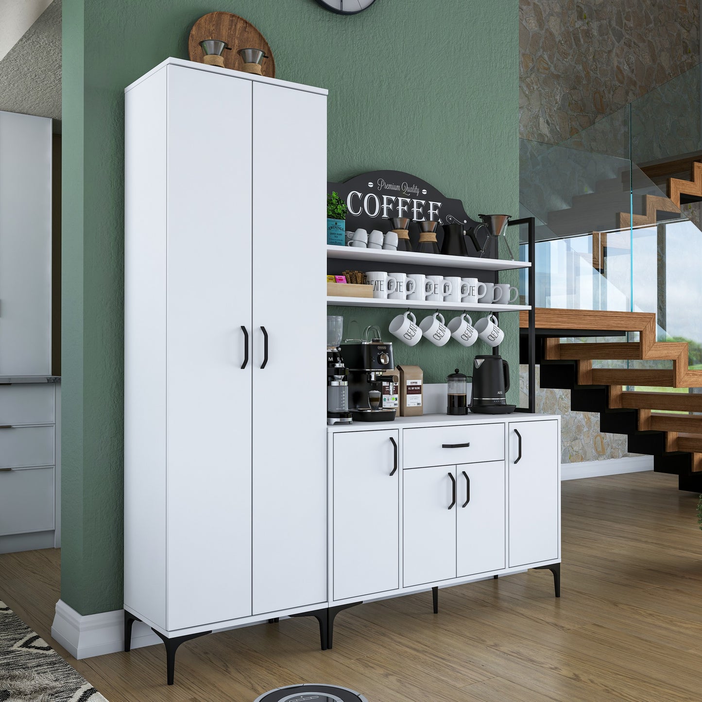 Βοηθητικό Ντουλάπι Κουζίνας Λευκό 180x40x198,6 εκ. με Ρυθμιζόμενα Ράφια – Πολυλειτουργική Ντουλάπα Αποθήκευσης Ράφι Κουζίνας 893RAN5453