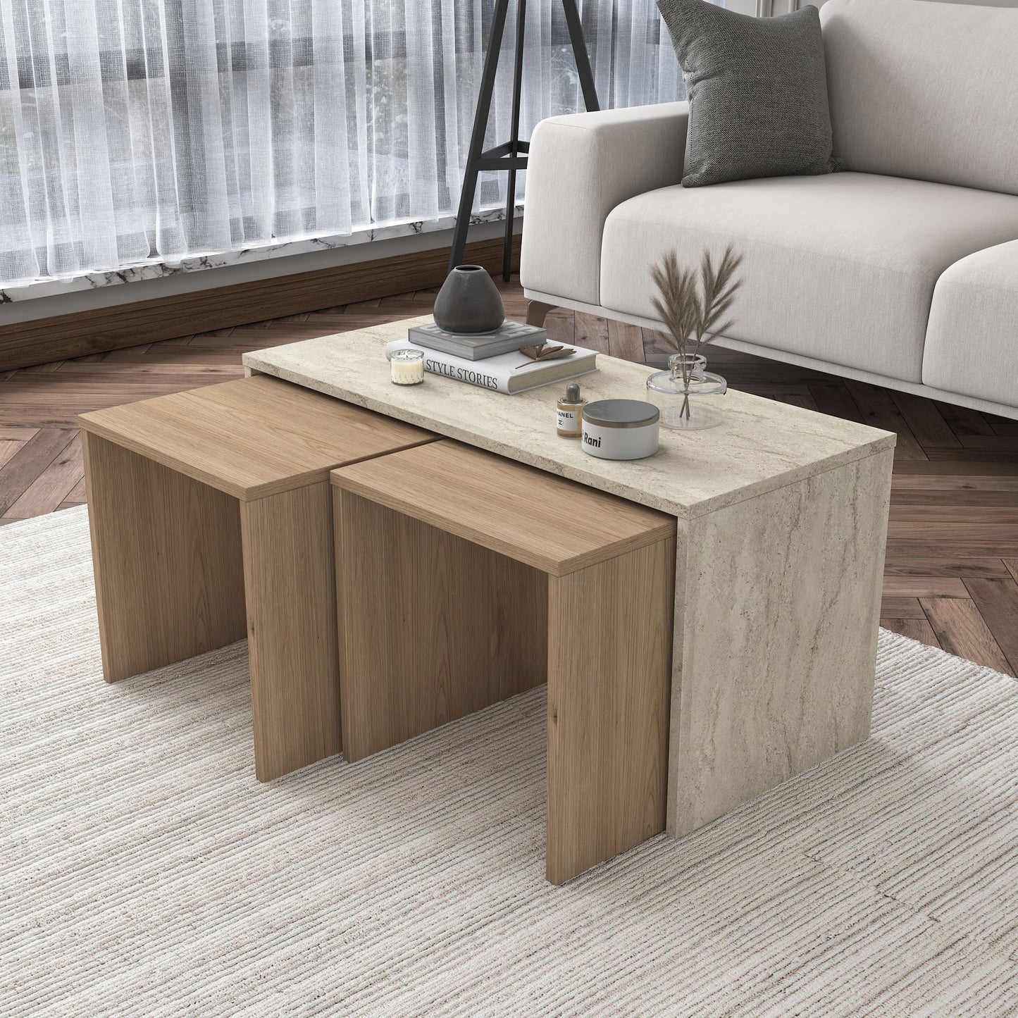 Σετ Τραπεζάκια Σαλονιού Τραβερτίνη 90 x 44,8 x 40 εκ. και 41,4 x 42 x 38 εκ. 893RAN5815