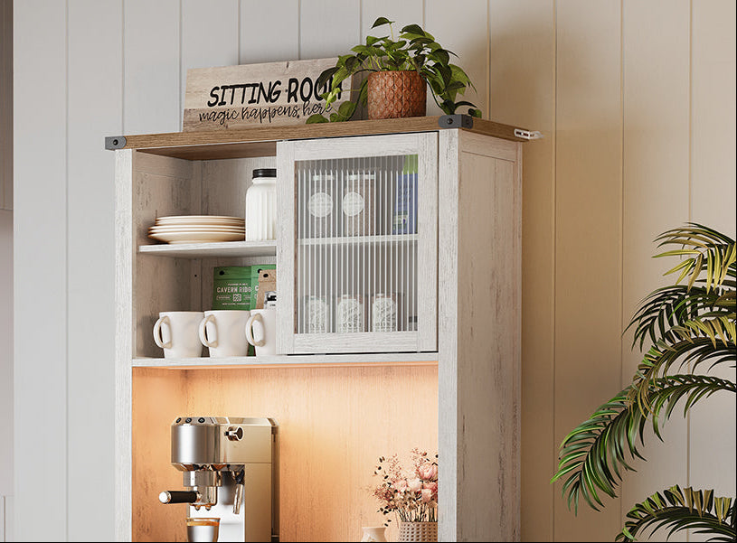 Μπουφές με φωτισμό Ντουλάπι Βοηθητικό Ράφι Κουζίνας με Συρόμενες πόρτες και συρτάρια 39,7 x 80,4 x 180,3 εκ. Παλαιωμένο Λευκό BB-K363W22