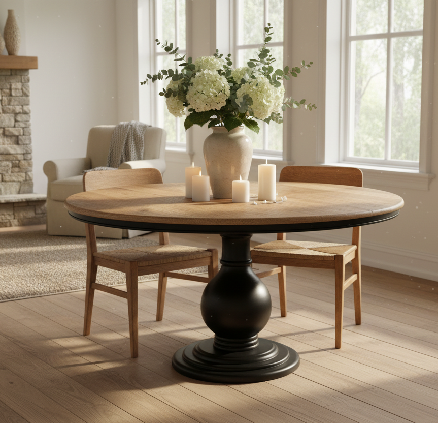 Τραπέζι Τραπεζαρίας Ροτόντα Μασίφ Ξύλο 152 εκ Στρόγγυλο Καφέ με Μαύρο Πόδι 6-8 ατόμων 92075