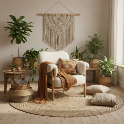 Πολυθρόνα με Μπουκλέ Ύφασμα Κρεμ Μασίφ Ξύλο Σκελετό 92160