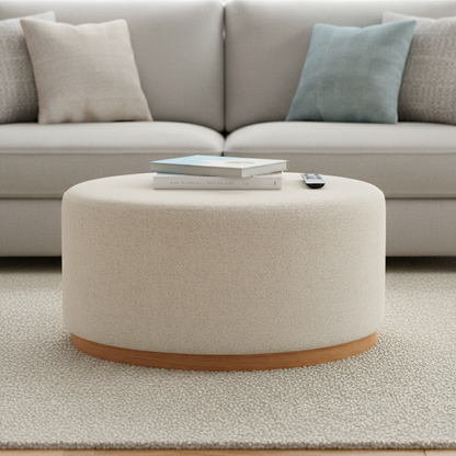 Στρόγγυλο Σκαμπό Μπουκλέ Κρεμ 80 εκ Ταμπουρέ Τραπεζάκι Μασίφ Ξύλο Βοηθητικό Σαλονιού 92162