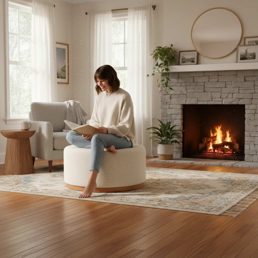 Στρόγγυλο Σκαμπό Μπουκλέ Κρεμ 80 εκ Ταμπουρέ Τραπεζάκι Μασίφ Ξύλο Βοηθητικό Σαλονιού 92162