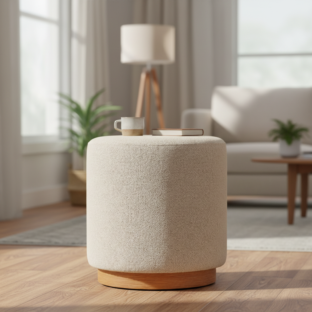 Στρόγγυλο Σκαμπό Μπουκλέ Κρεμ 41 εκ Ταμπουρέ Μπουντουάρ Τραπεζάκι Μασίφ Ξύλο Βοηθητικό Σαλονιού 92163