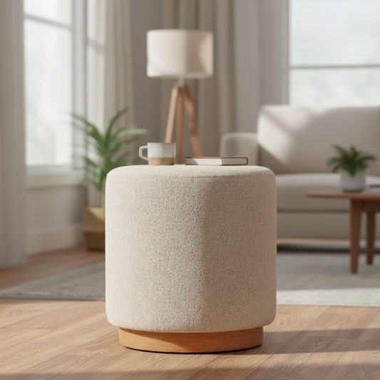 Στρόγγυλο Σκαμπό Μπουκλέ Κρεμ 41 εκ Ταμπουρέ Μπουντουάρ Τραπεζάκι Μασίφ Ξύλο Βοηθητικό Σαλονιού 92163