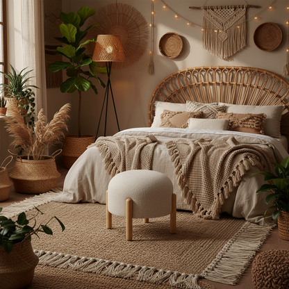 Στρόγγυλο Σκαμπό Μπουκλέ Κρεμ 45 εκ Ταμπουρέ Τραπεζάκι Μασίφ Ξύλο Βοηθητικό Σαλονιού 92164