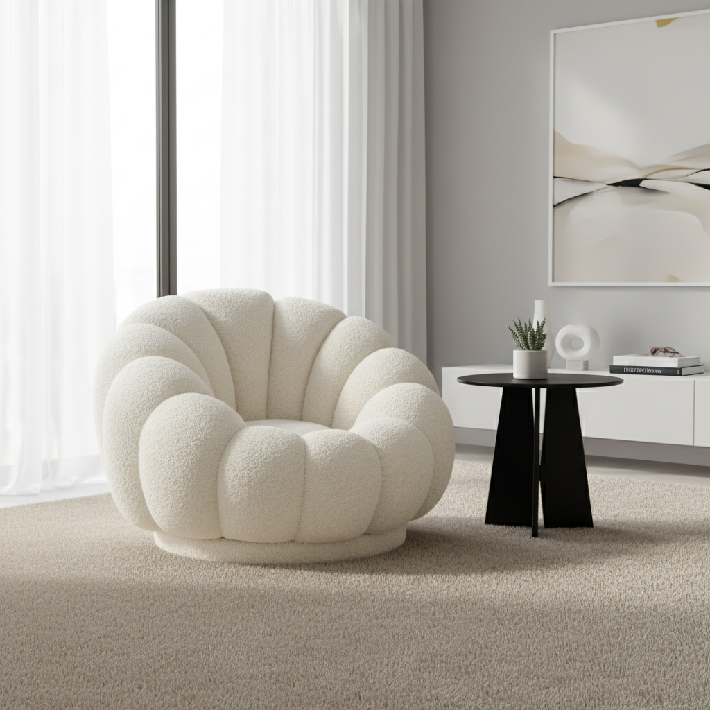 Πολυθρόνα Περιστρεφόμενη Μπουκλέ Σαλονιού Κρεμ 98 x 98 x 69 εκ  92166