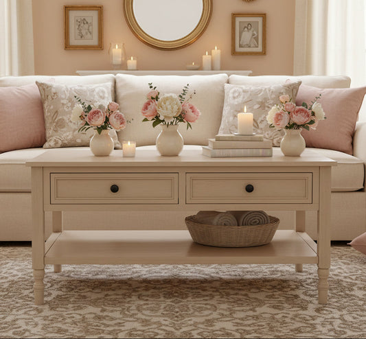 Κομψό Ξύλινο Τραπεζάκι Σαλονιού με Δύο Συρτάρια σε Μπεζ 100x60x50εκ 92609