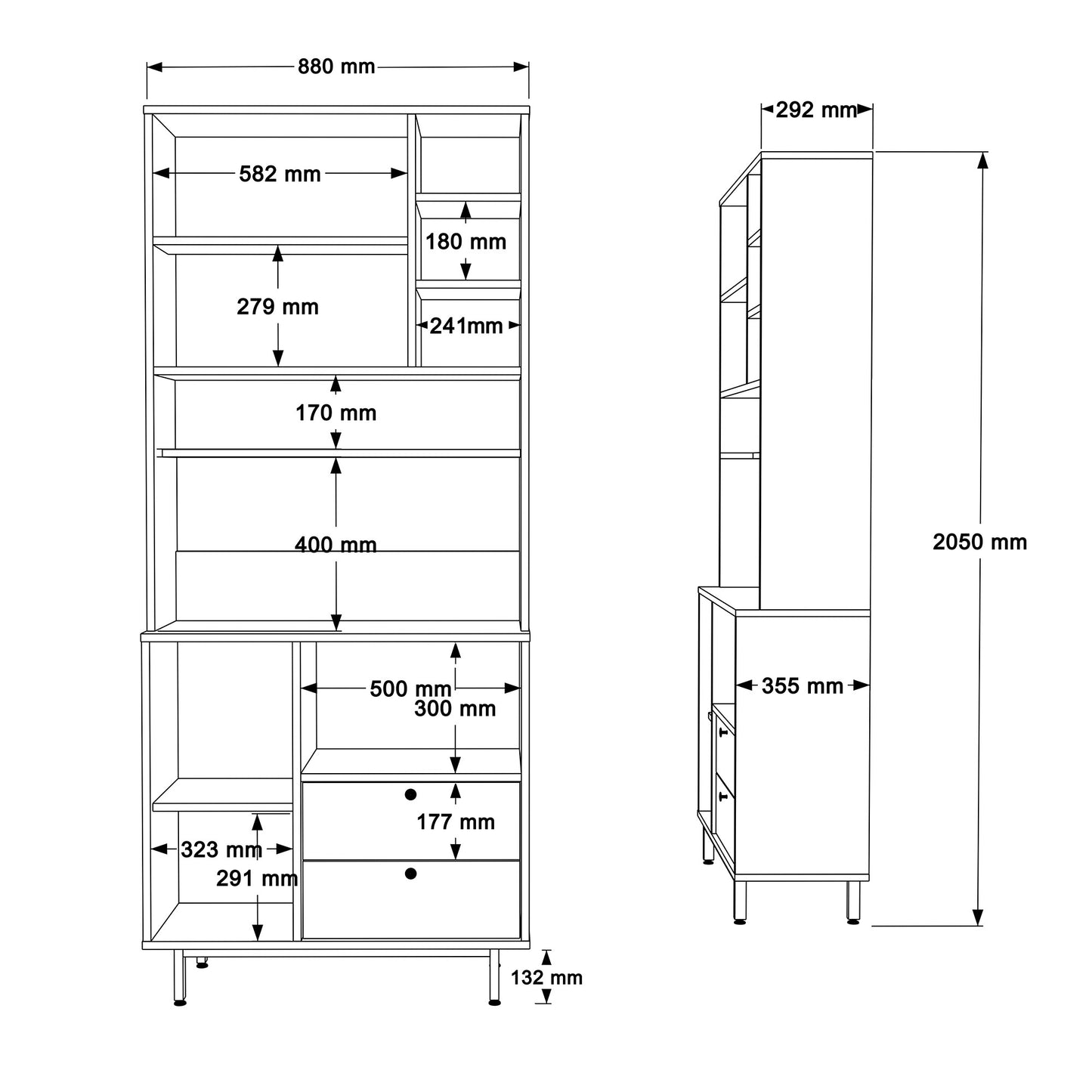 Βοηθητικό Ντουλάπι Κουζίνας Δρυς & Λευκό 88x35,5x205 εκ. με Μεταλλικά Πόδια και Πολλαπλά Ράφια Ράφι Κουζίνας 956LCS3563