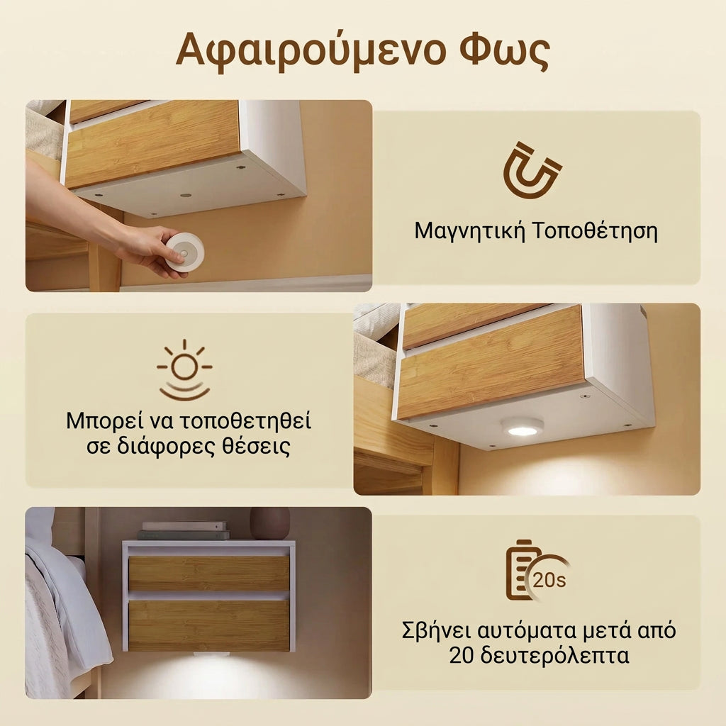 Κομοδίνο Κρεβατοκάμαρας Κρεμαστό Επιτοίχιο με Συρτάρι και Ασύρματο Φωτισμό LED με Αισθητήρα Κίνησης, Εξοικονόμησης Χώρου 40x30x16 εκ. SBY-FHK38-W