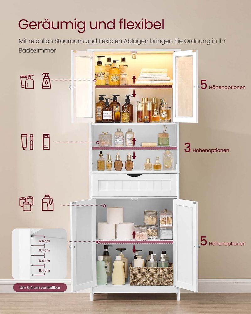 Ντουλάπι Με LED Φωτισμό Για Μπάνιο Βοηθητικό Ράφι Κουζίνας 30 x 60 x 170 εκ BB-C767W03