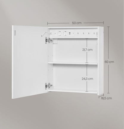 Ντουλάπι Καθρέφτης Μπάνιου Θερμαινόμενος με Ρύθμιση Φωτεινότητας με Πρίζα και USB Θύρες 16,5 x 50 x 60 εκ BB-K133W01