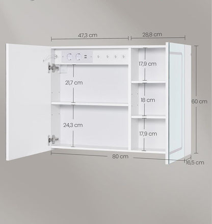 Ντουλάπι Καθρέφτης Μπάνιου Λειτουργία Ξεθαμπώματος με Ρύθμιση Φωτεινότητας με Πρίζα και USB Θύρες 16,5 x 80 x 60 εκ BB-K134W01