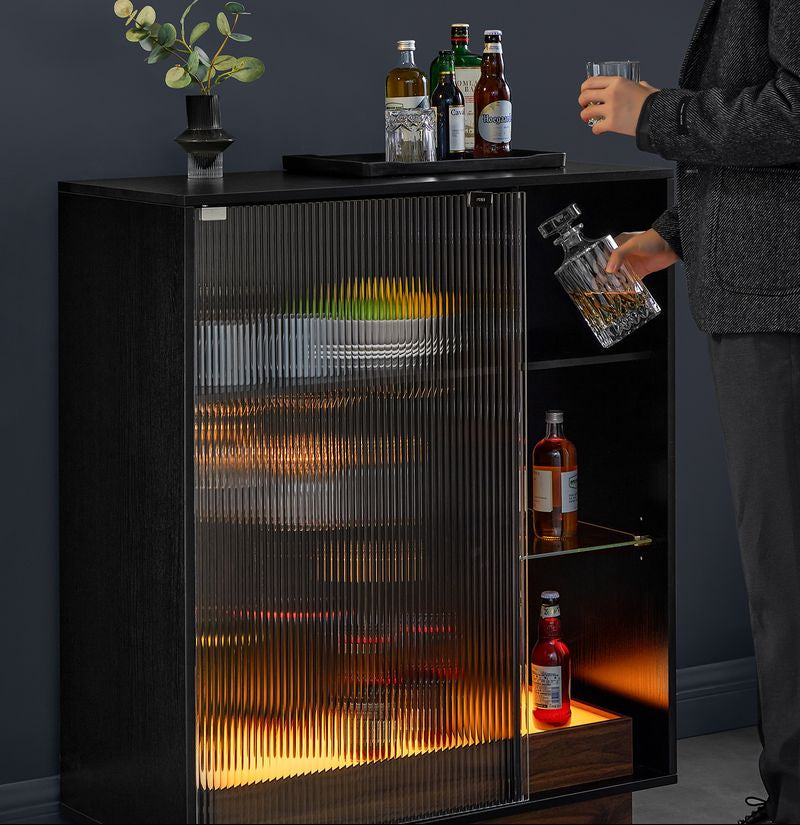 Bar Cabinet with Lighting Sideboard with LED Adjustable Bar with holder for glasses Glass door BB-K361B21