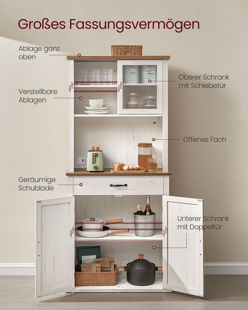 Μπουφές με φωτισμό Ντουλάπι Βοηθητικό Ράφι Κουζίνας με Συρόμενες πόρτες και συρτάρια 39,7 x 80,4 x 180,3 εκ. Παλαιωμένο Λευκό BB-K363W22