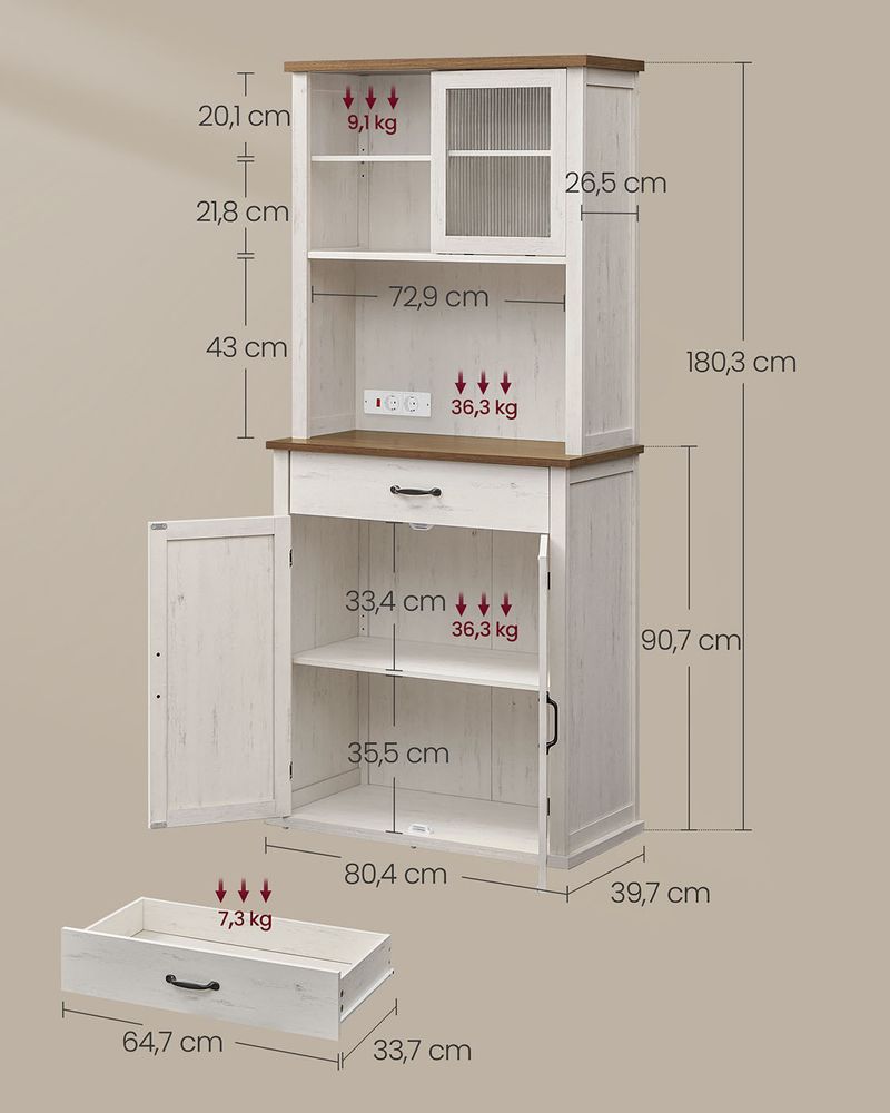 Μπουφές με φωτισμό Ντουλάπι Βοηθητικό Ράφι Κουζίνας με Συρόμενες πόρτες και συρτάρια 39,7 x 80,4 x 180,3 εκ. Παλαιωμένο Λευκό BB-K363W22