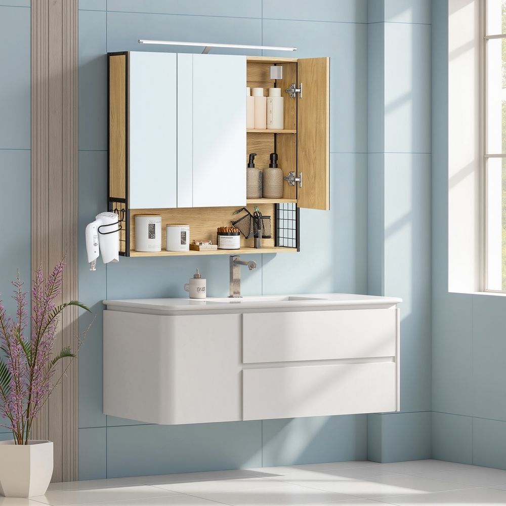Bathroom Mirror Cabinet with Lighting Bathroom Wall Cabinet Modern White Gold BB-K124A10