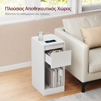 Κομοδίνο Στενό Λευκό 30 x 25 x 59,5 εκ. με LED Φωτισμό και Θύρες Φόρτισης USB Συρτάρι LET-B35610W01