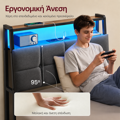 Μεταλλικό Κρεβάτι 90x200 με Υφασμάτινο Κεφαλάρι RGB LED Φωτισμό USB & Πρίζες AC Αντοχή 250 kg RMB-122G101