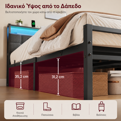 Μεταλλικό Κρεβάτι 160x200 με Υφασμάτινο Κεφαλάρι RGB LED Φωτισμό USB & Πρίζες AC Αντοχή 500 kg RMB-125G101