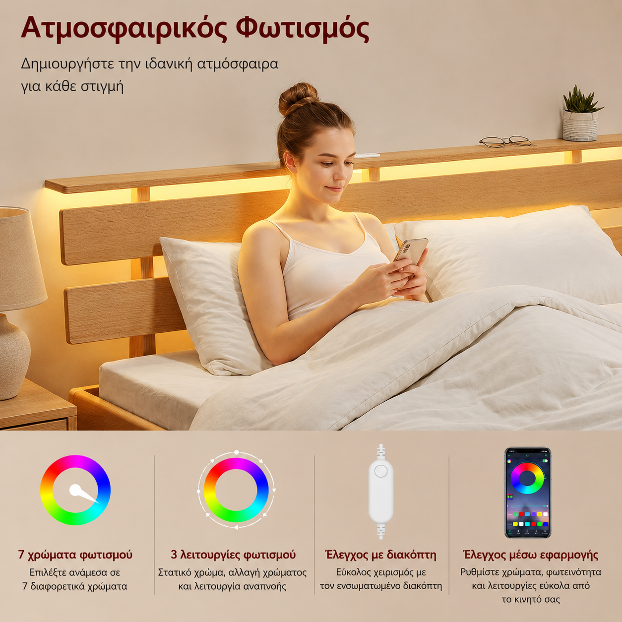Κρεβάτι από Μασίφ Ξύλο Οξιάς 140x200 εκ. με Κεφαλάρι LED Φωτισμό & USB Φόρτιση Φυσικό RMB-B35254Y101