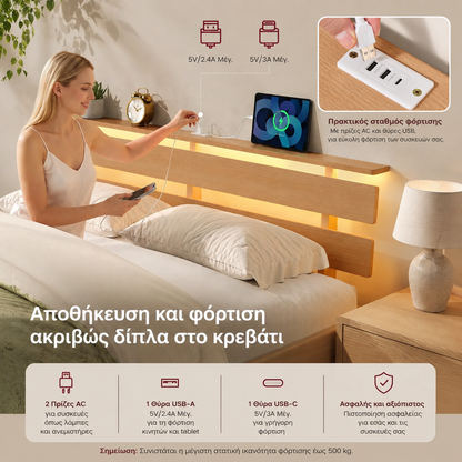 Κρεβάτι από Μασίφ Ξύλο Οξιάς 140x200 εκ. με Κεφαλάρι LED Φωτισμό & USB Φόρτιση Φυσικό RMB-B35254Y101