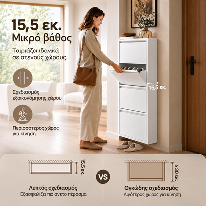Λεπτή Παπουτσοθήκη Εξοικονόμησης Χώρου Λευκή σε 4 Επίπεδα 50x15,5x150 εκ HSC407WG01