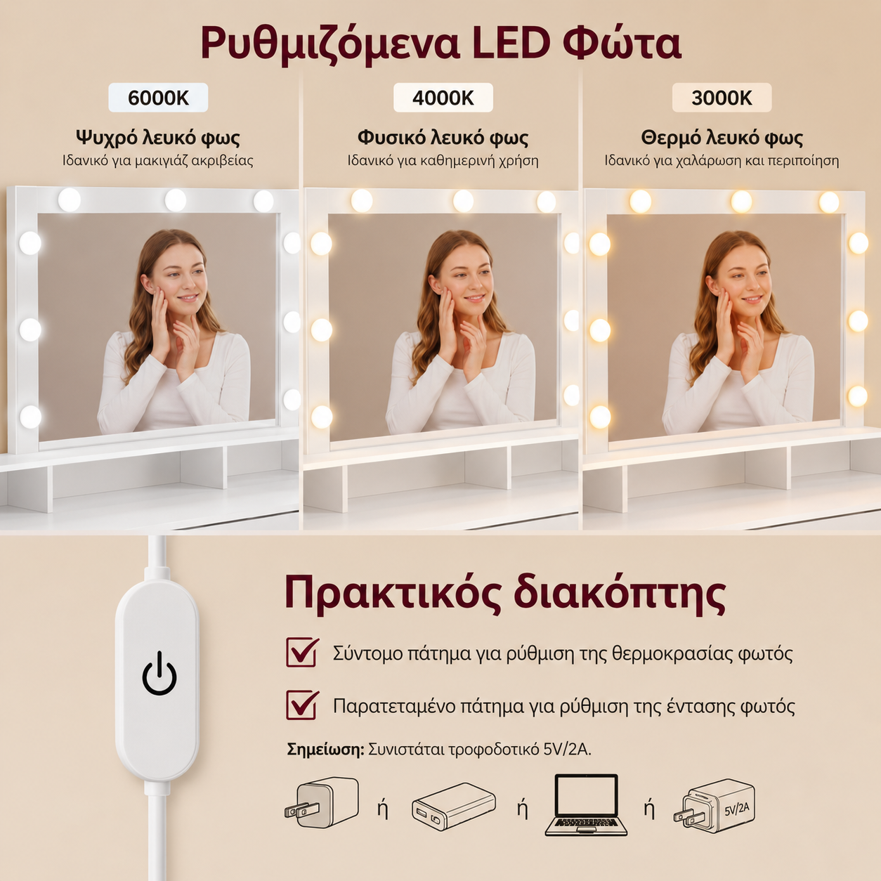 Μεγάλο Τραπέζι Μπουντουαρ Μακιγιάζ Tουαλέτας με Καθρέφτη και φώτα LED Πολύπριζο 137 εκ Μήκος RD-T341WB01