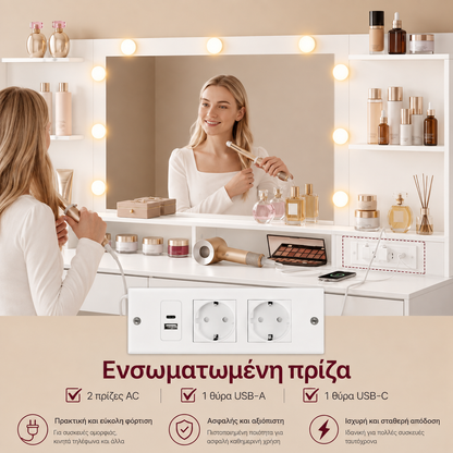 Μεγάλο Τραπέζι Μπουντουαρ Μακιγιάζ Tουαλέτας με Καθρέφτη και φώτα LED Πολύπριζο 137 εκ Μήκος RD-T341WB01