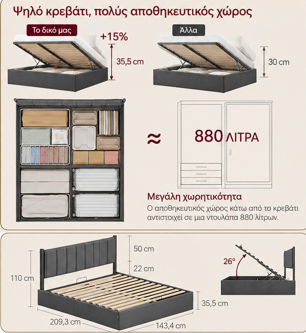 Σκελετός Διπλού Κρεβατιού με αποθηκευτικό Χώρο Ψηλό Κρεβάτι 140x200 εκ με Υδραυλικό σύστημα ανύψωσης RM-B614G02