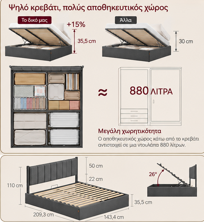 Σκελετός Διπλού Κρεβατιού με αποθηκευτικό Χώρο Ψηλό Κρεβάτι 140x200 εκ με Υδραυλικό σύστημα ανύψωσης RM-B614G02
