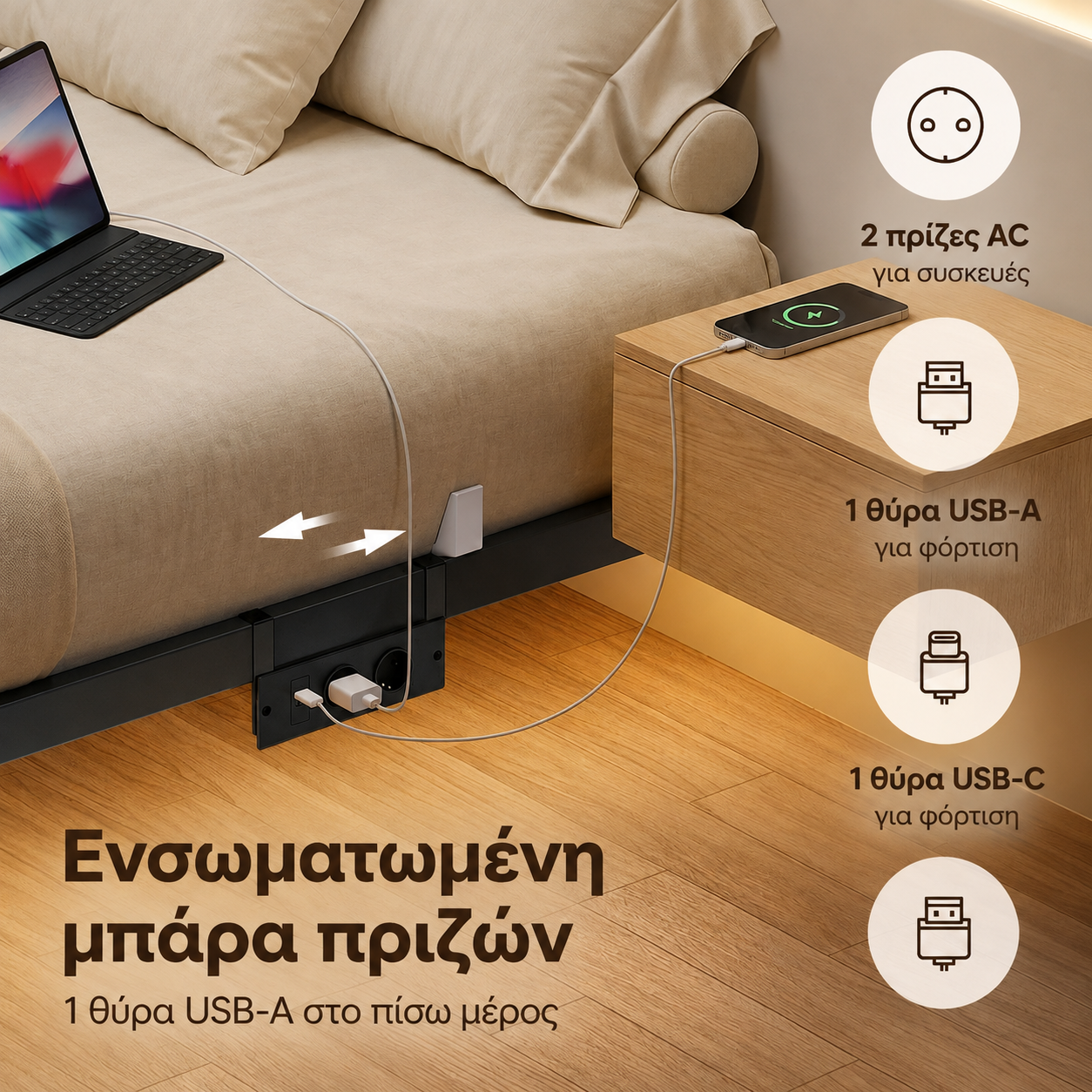 Επενδυμένο Κρεβάτι με Αιωρούμενο Σχεδιασμό 160x200 με LED Πολυλειτουργικό Φωτισμό Θύρα USB RMB-B35175B101