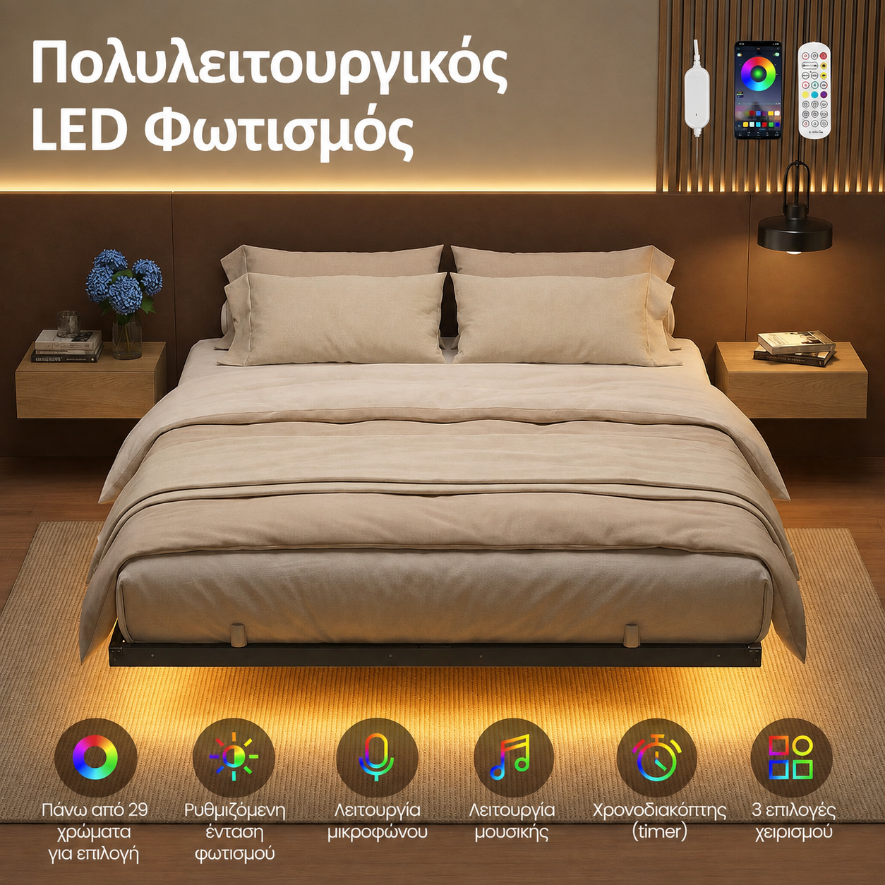 Επενδυμένο Κρεβάτι με Αιωρούμενο Σχεδιασμό 160x200 με LED Πολυλειτουργικό Φωτισμό Θύρα USB RMB-B35175B101