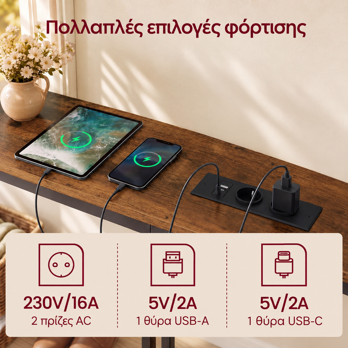 Στενή Κονσόλα για Πίσω από Καναπέ με Ρυθμιζόμενο ύψος Εξοικονόμησης Χώρου με Πρίζα και σταθμό Φόρτισης 200x15 εκ LNT-187K102
