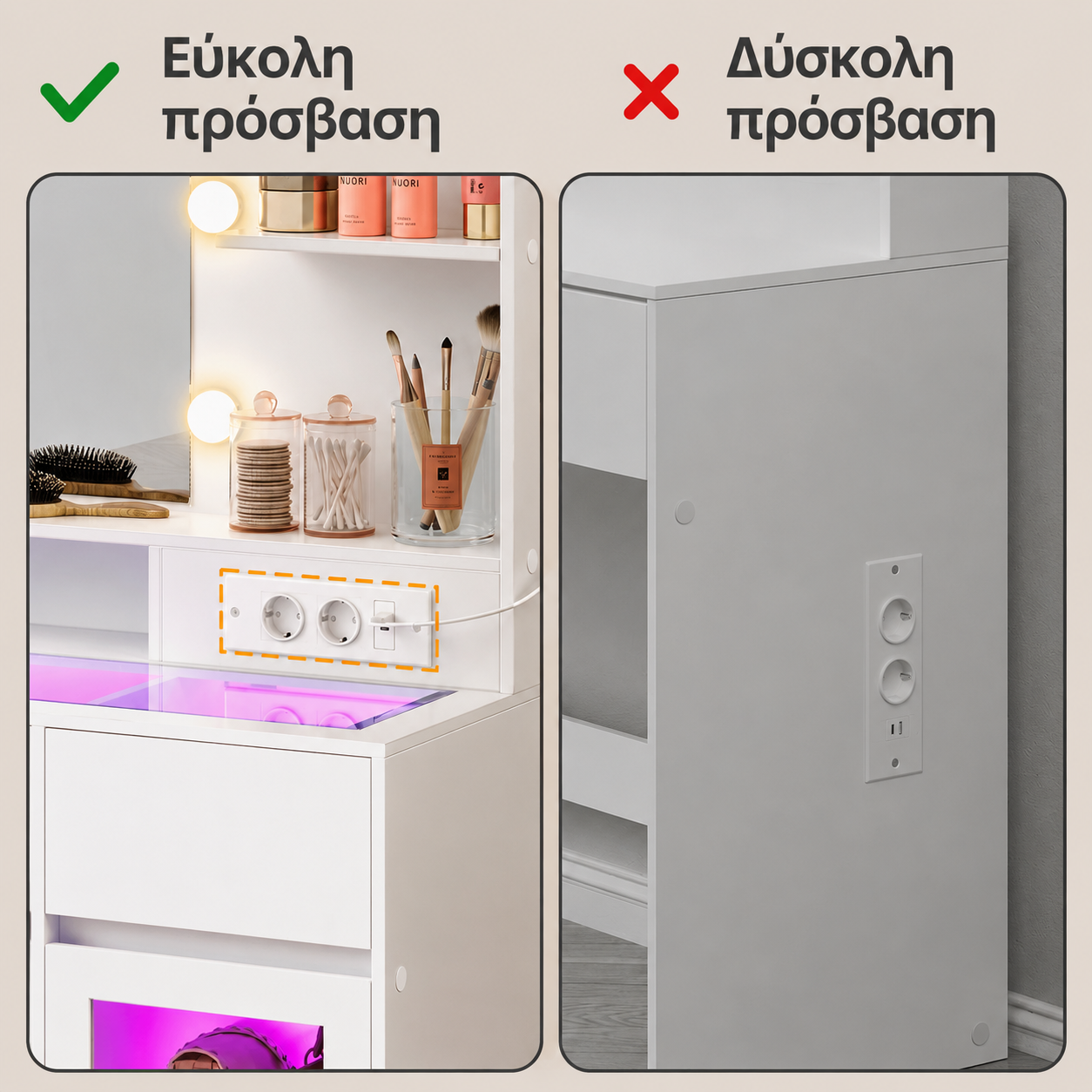 Τραπέζι Μπουντουάρ Μακιγιάζ Tουαλέτας με Καθρέφτη και φώτα LED RGB Πολύπριζο Συρτάρια Βιτρίνα RDT-B35145WB01