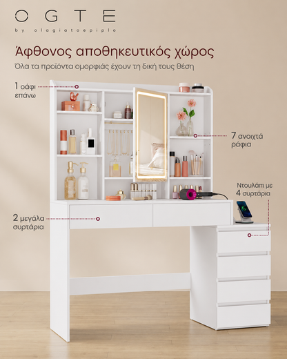 Τραπέζι Μπουντουάρ Μακιγιάζ Tουαλέτας 40 x 124,7 x 145 εκ. με Καθρέφτη και φώτα LED Πολύπριζο Συρτάρια καθρέφτης 3 χρώματα Φωτός RD-T644WB01