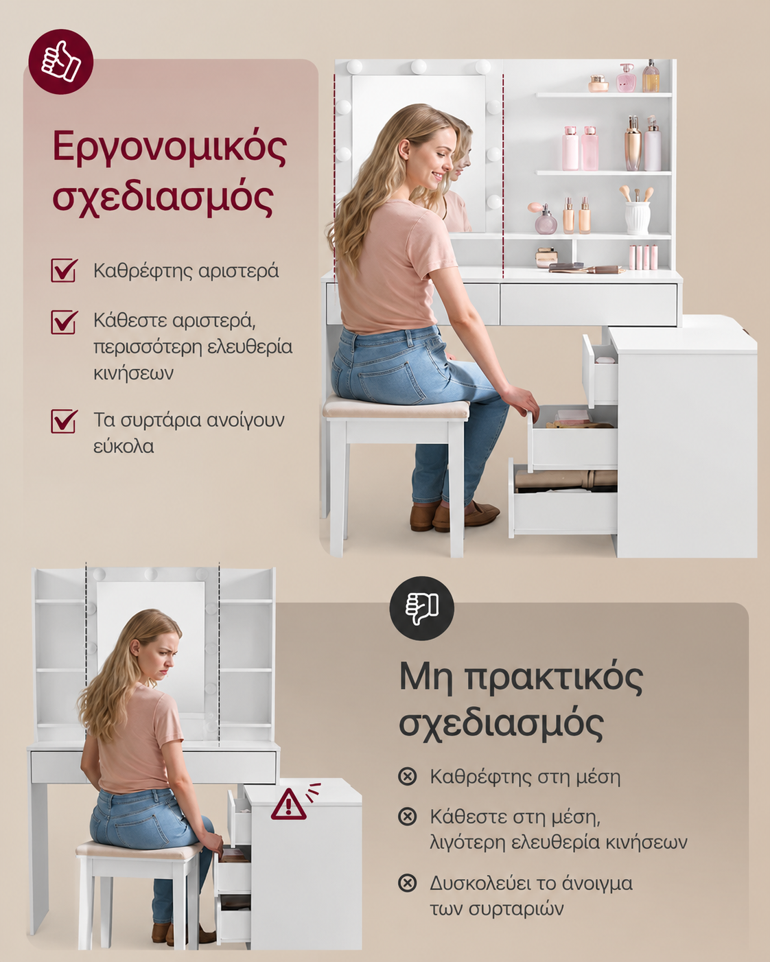 Τραπέζι Μπουντουάρ Μακιγιάζ με Καθρέφτη και Με Συρταριέρα Πτυσσόμενη Σχήμα L φώτα LED Πολύπριζο Συρτάρια 3 χρώματα Φωτός RD-T140WB01