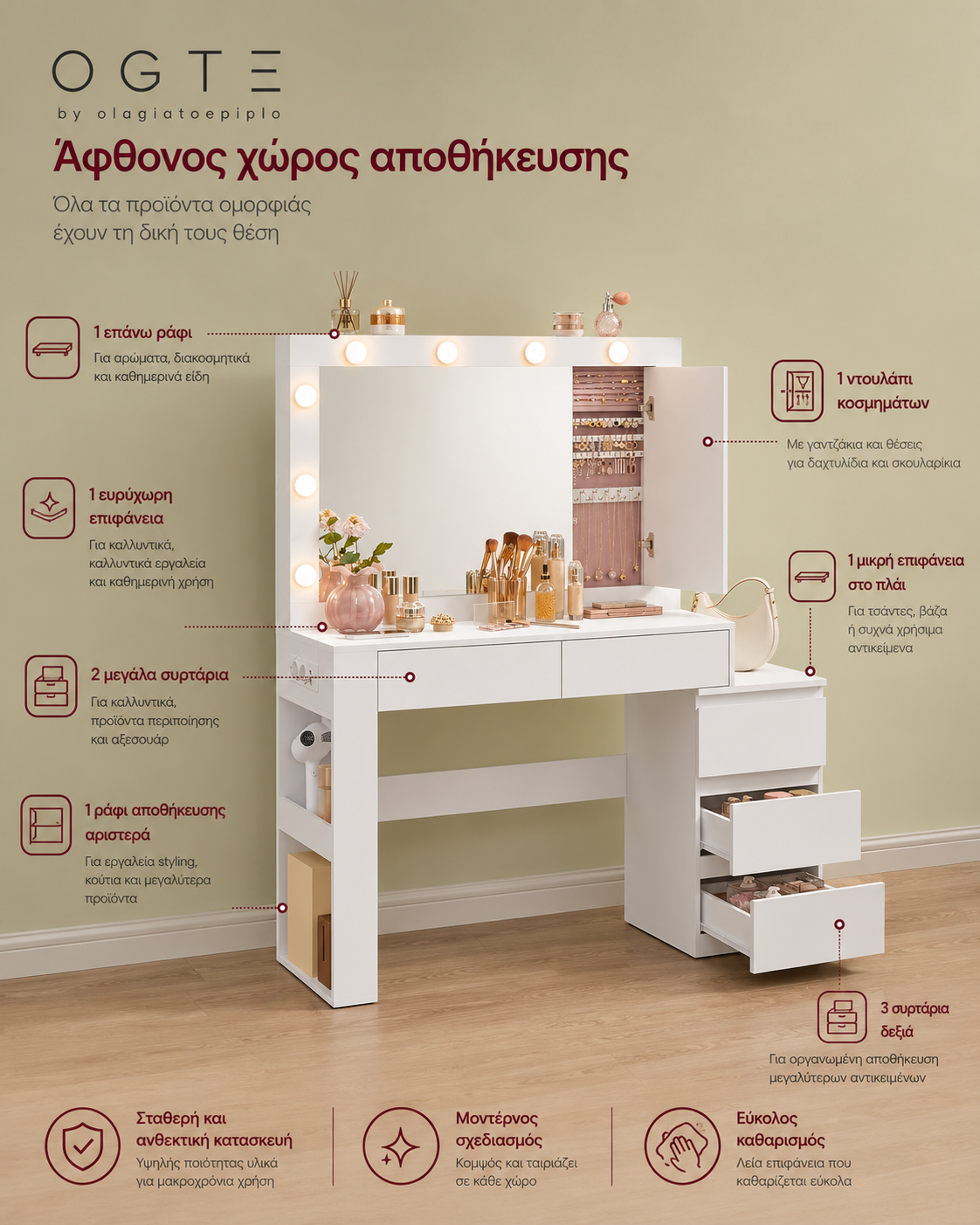 Τραπέζι Μπουντουάρ Μακιγιάζ Μεικαπ με Ντουλάπι Κοσμημάτων Καθρέφτης Λευκό με Φωτισμό LED Ρυθμιζόμενη Φωτεινότητα RDT-B35127W01