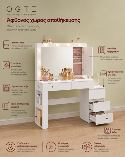 Τραπέζι Μπουντουάρ Μακιγιάζ Μεικαπ με Ντουλάπι Κοσμημάτων Καθρέφτης Λευκό με Φωτισμό LED Ρυθμιζόμενη Φωτεινότητα RDT-B35127W01