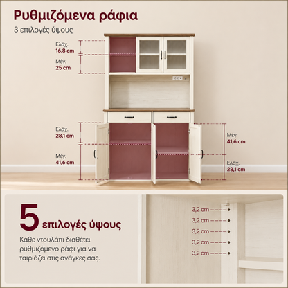 Μπουφές με φωτισμό Ντουλάπι Βοηθητικό Ράφι Κουζίνας με Συρόμενες πόρτες και συρτάρια 39,5 x 106,5 x 180,6 εκ Παλαιωμένο Λευκό BB-K391W02