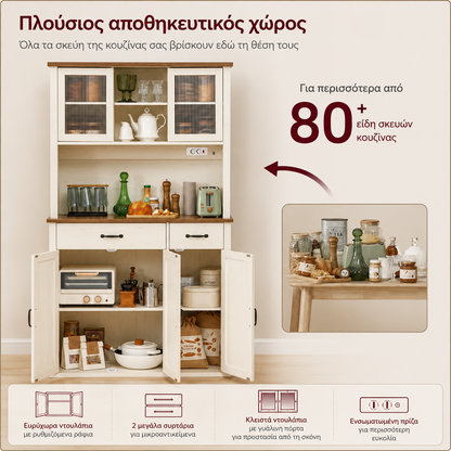 Μπουφές με φωτισμό Ντουλάπι Βοηθητικό Ράφι Κουζίνας με Συρόμενες πόρτες και συρτάρια 39,5 x 106,5 x 180,6 εκ Παλαιωμένο Λευκό BB-K391W02