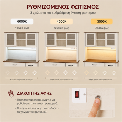 Μπουφές με φωτισμό Ντουλάπι Βοηθητικό Ράφι Κουζίνας με Συρόμενες πόρτες και συρτάρια 39,5 x 106,5 x 180,6 εκ Παλαιωμένο Λευκό BB-K391W02