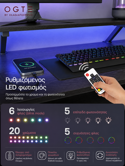 Corner Computer Desk Monitor Stand LED Lighting USB Ports 150 x 120 x 76 cm Black LW-D095B01
