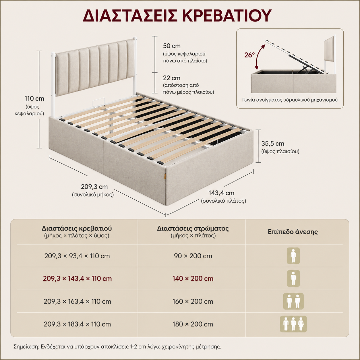 Σκελετός Διπλού Κρεβατιού με αποθηκευτικό Χώρο Κρεβάτι και με Στρώμα 140x200 εκ με Υδραυλικό σύστημα ανύψωσης RM-B614LH01